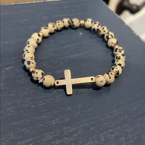 Dalmatian Jasper Beaded Bracelet with Cross Charm